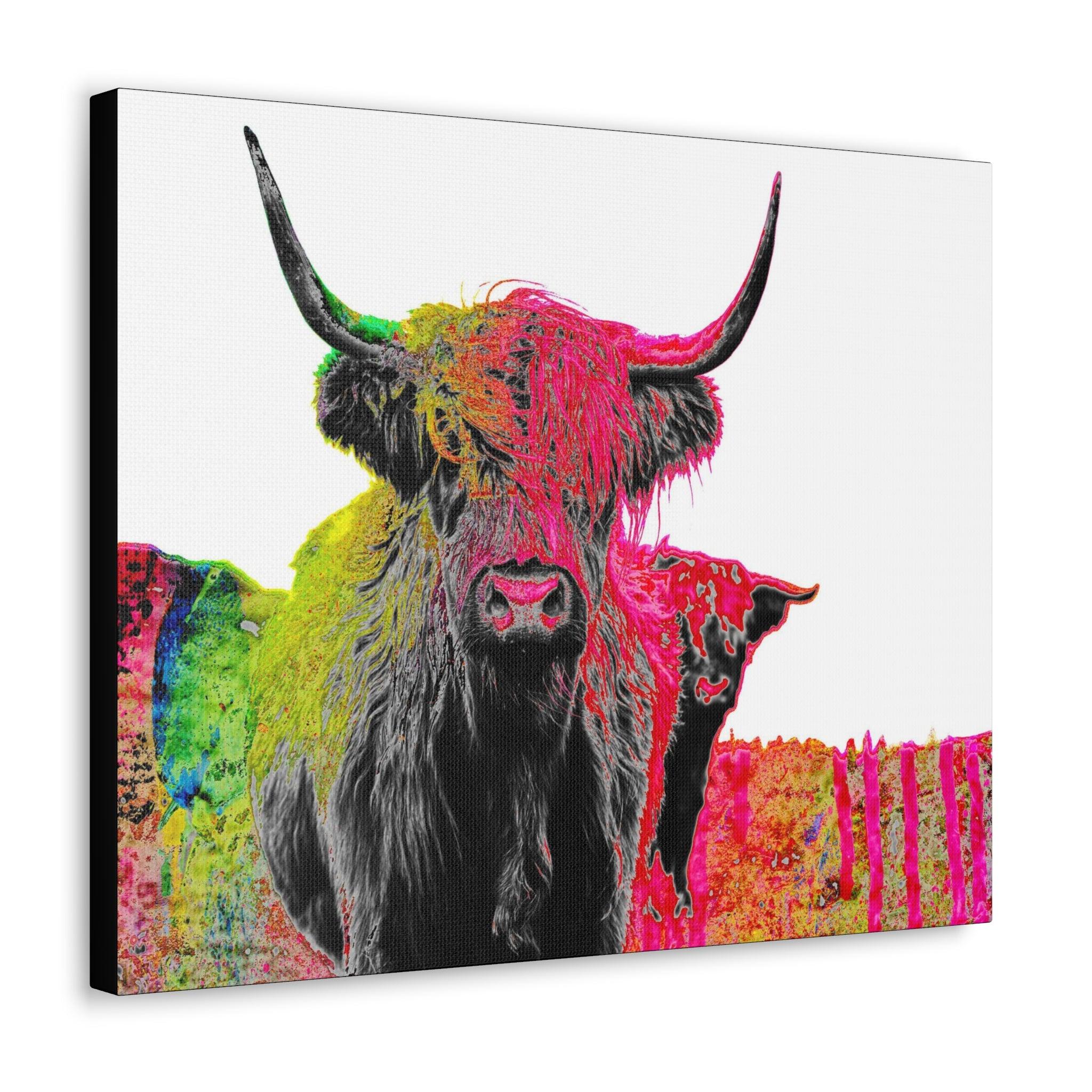 Newest Pink Horned Highland Cow - Premium Colorful Animal Canvas Wall Art