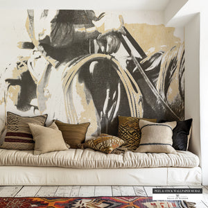 Black & White Wild West Essence Wallpaper Mural in a modern living room setting for western decor. 