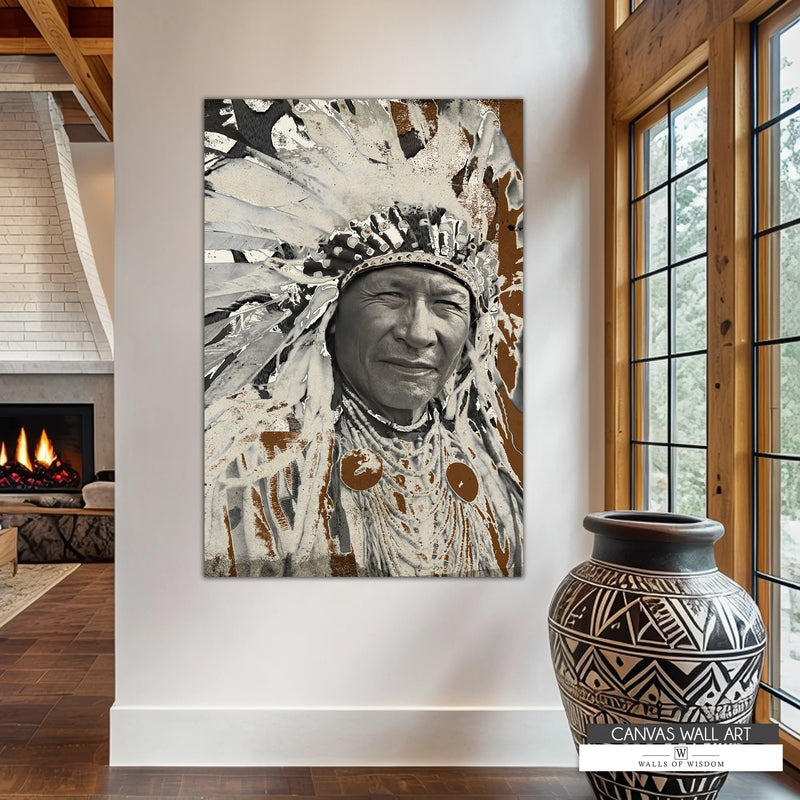 Large Native American-inspired headdress canvas print, perfect for Southwestern and cowboy-themed interiors.