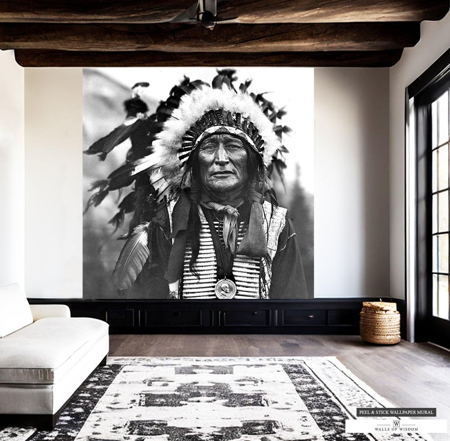 Iron Shell Chief Mural - Vintage Native American Headdress Wallpaper ...