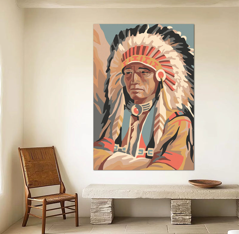 Painted Chief Native American Wall Art on Canvas large print in southwestern colors.