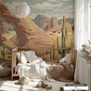 Arizona Desert Landscape Mural with Horse and Cactus in Vintage Style.