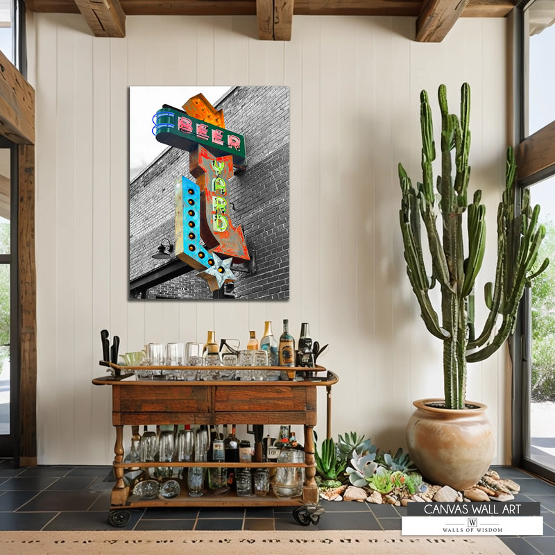 Beer Yard Neon Sign Canvas – Western Bar Art with Retro Saloon Vibes