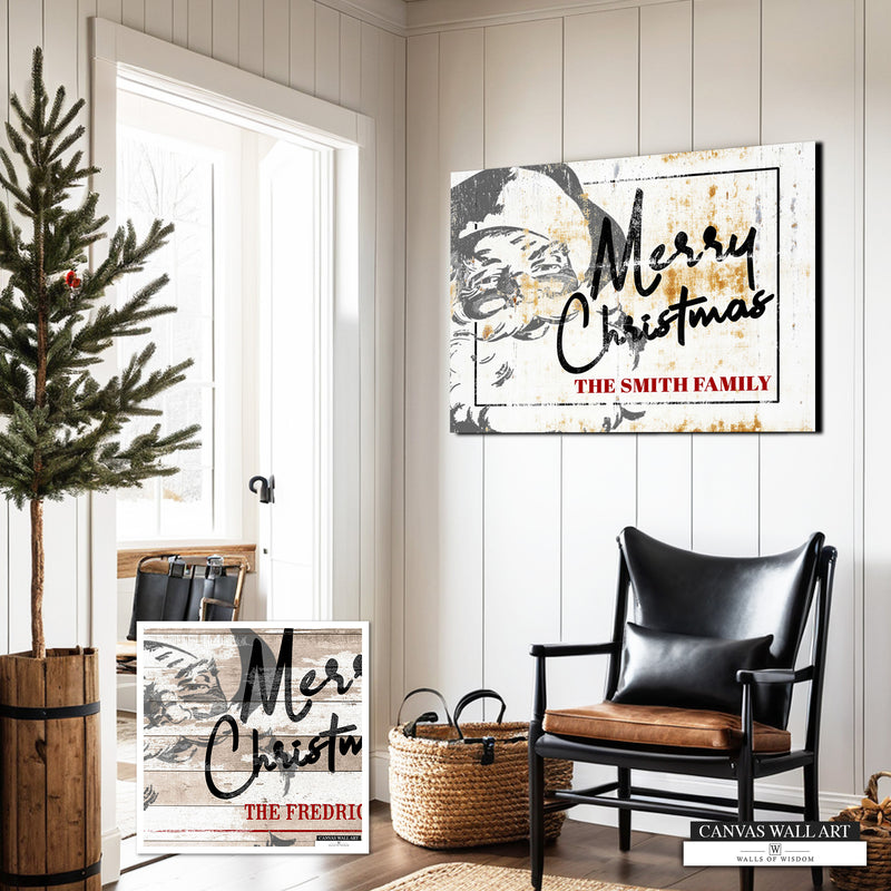 Personalized Vintage Santa Christmas Sign with Creamy Off-White Metal Canvas