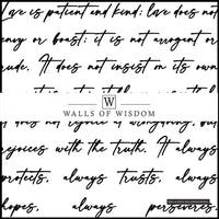 Removable luxury woven fabric wallpaper featuring Love is Patient scripture.