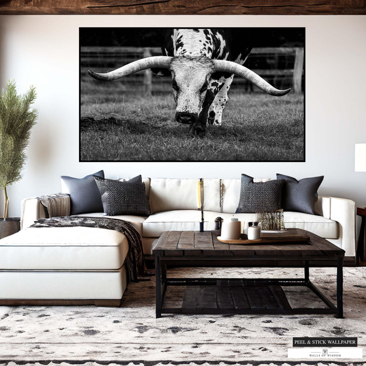 Industrial western Texas Longhorn wallpaper in long panels