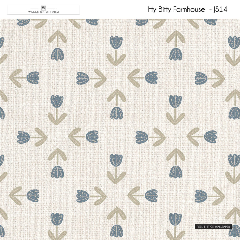 Tulip Blues peel and stick wallpaper featuring vintage country blue tulips and sage green stems on a cream background.