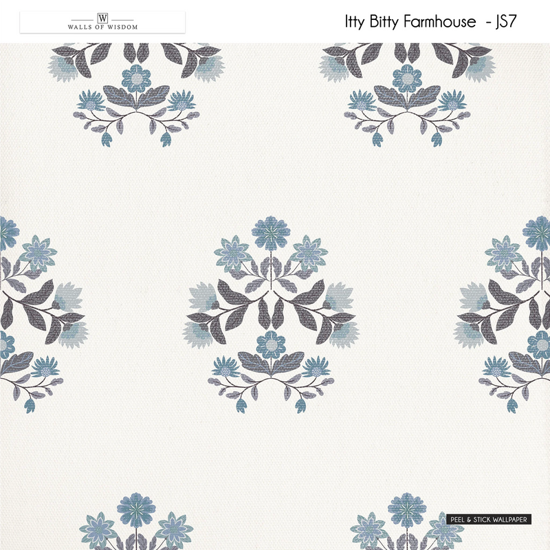 Cottage farmhouse floral wallpaper in country blue and muted grey tones.