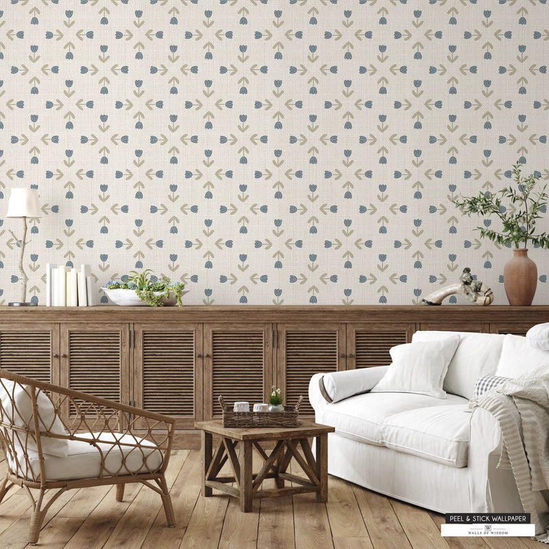 Cottage farmhouse tulip wallpaper with elegant blue floral accents on a light cream backdrop.