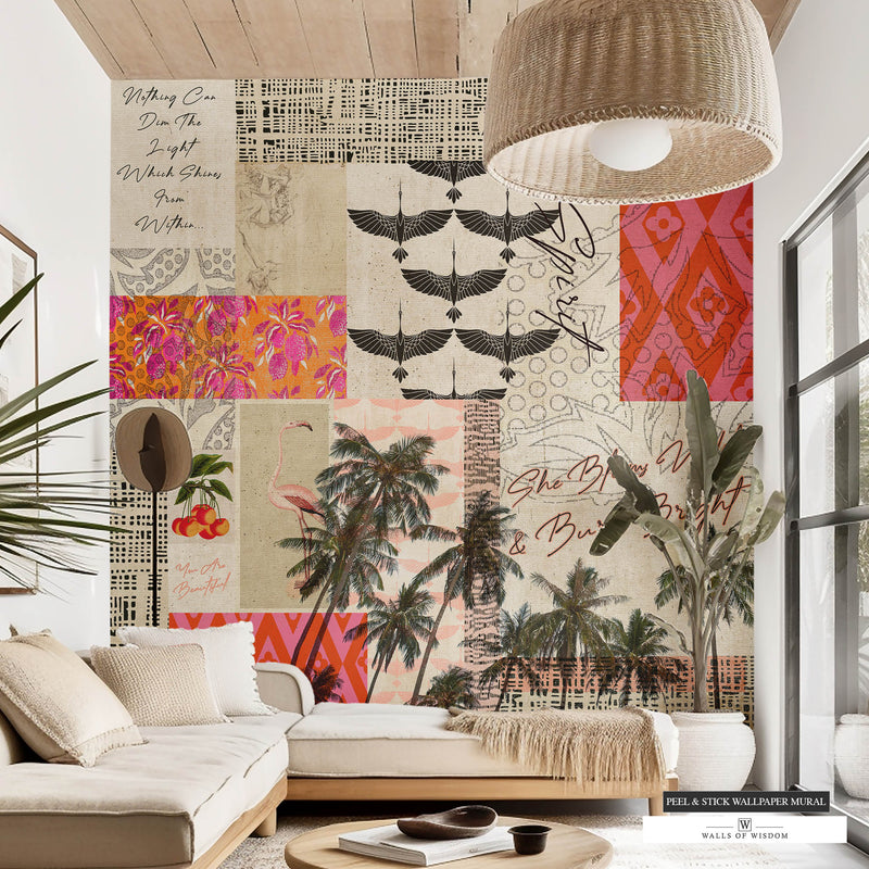 Boho peel and stick wallpaper mural with a feminine collage and inspirational quotes.