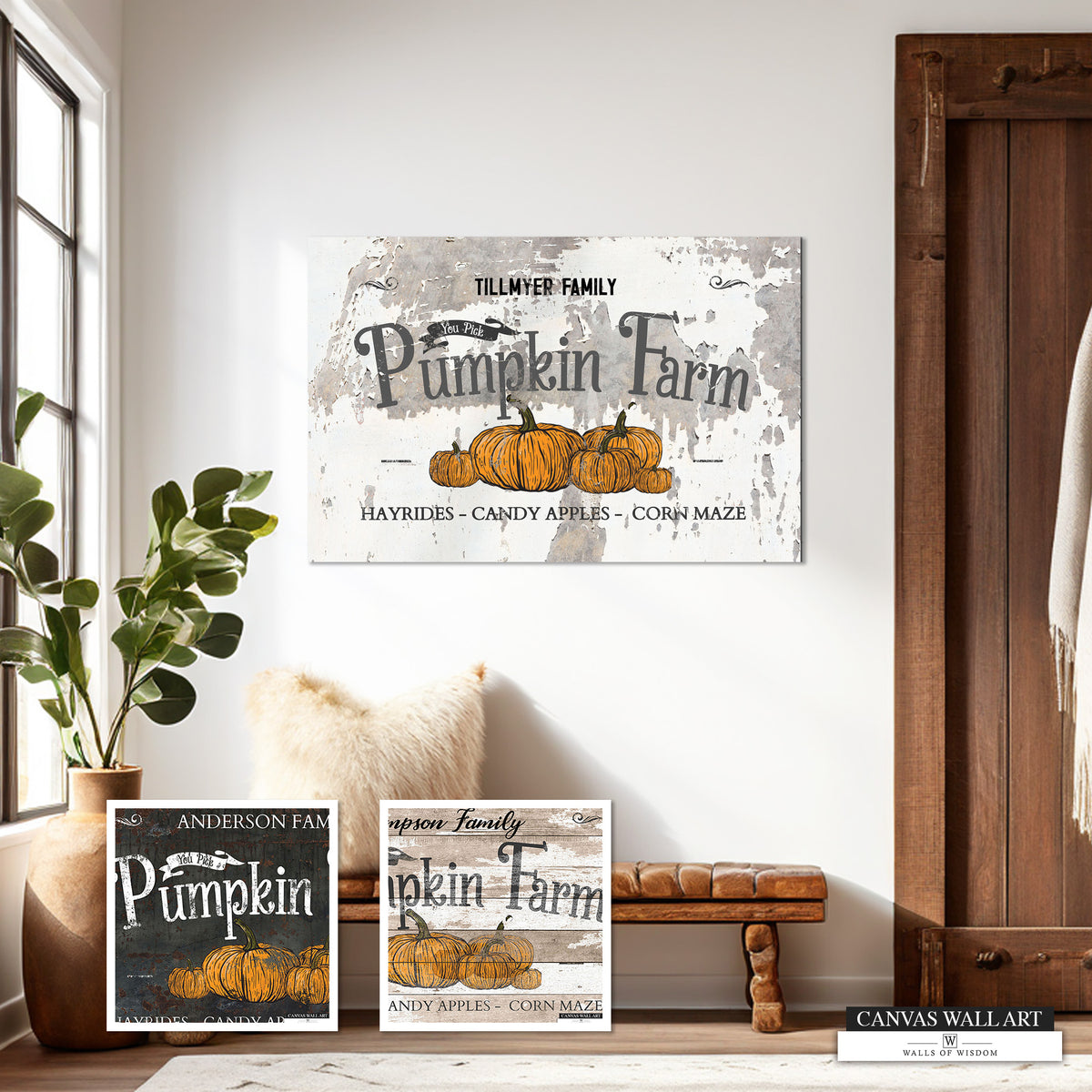 Custom Boho Cottage Fall Sign - Personalized Chippy Canvas Pumpkin Decor