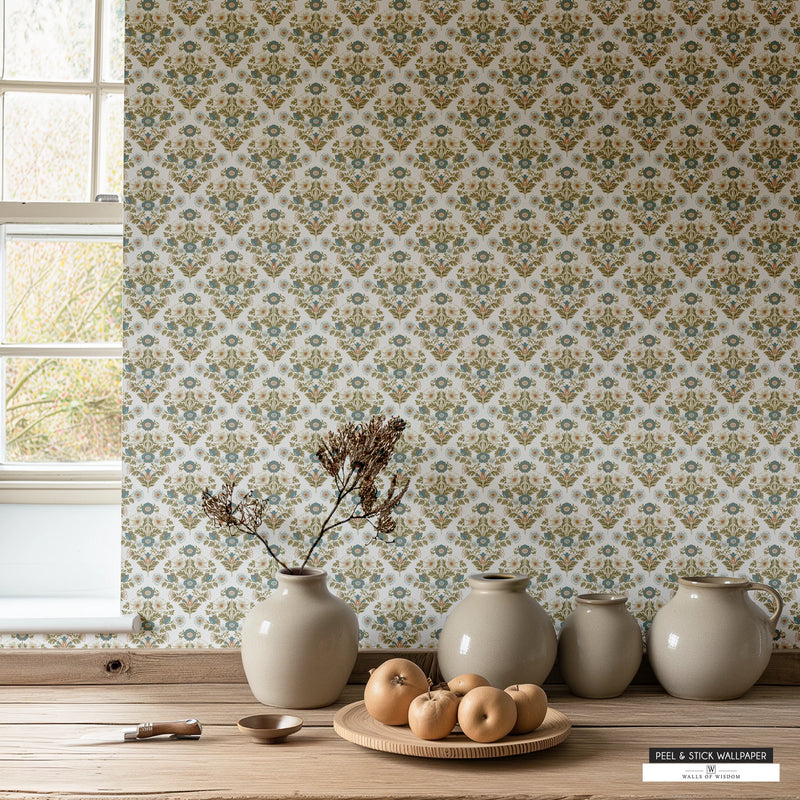 Countryside Blossom Blue wallpaper with floral patterns in slate blue, sage green, and burnt orange on a bright white background.