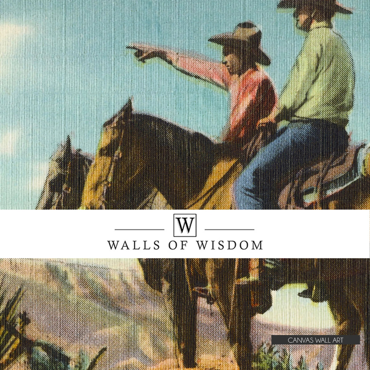 Western-themed canvas wall art featuring a cowboy pointing toward the open horizon as they ride through the vast landscape. A bold statement piece for Western, ranch, or rustic home decor.