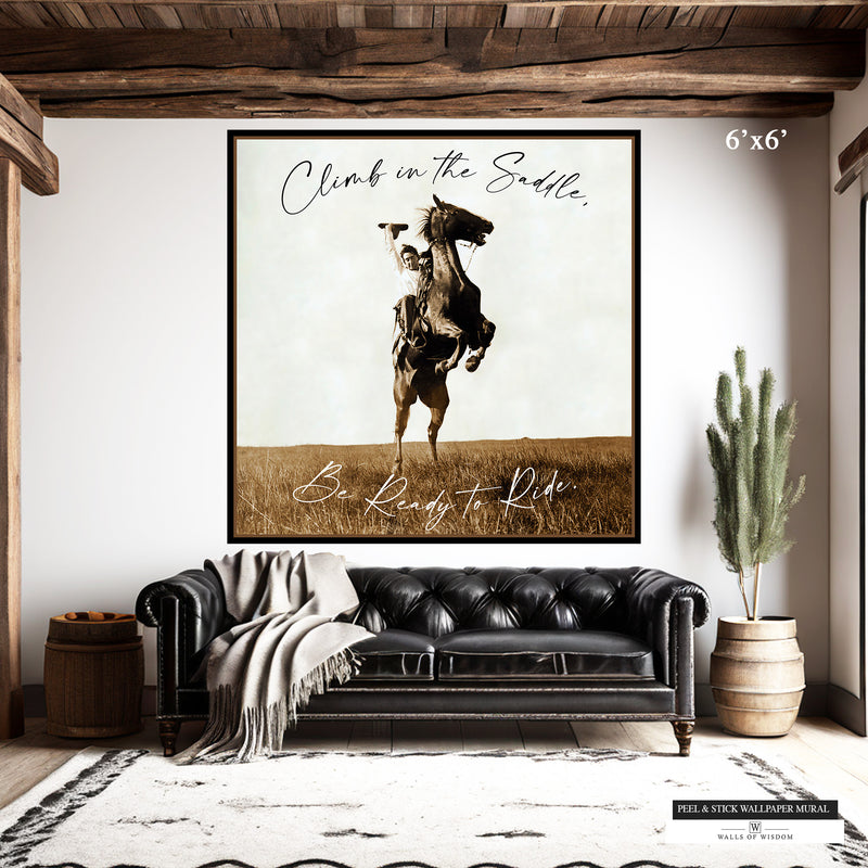 Western decor removable wallpaper featuring a cowboy on a bucking horse