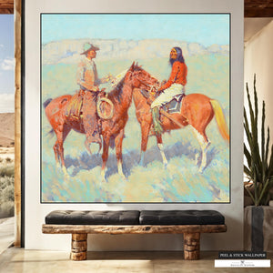 Cowboy and Native American on horseback wallpaper mural – vintage western art
