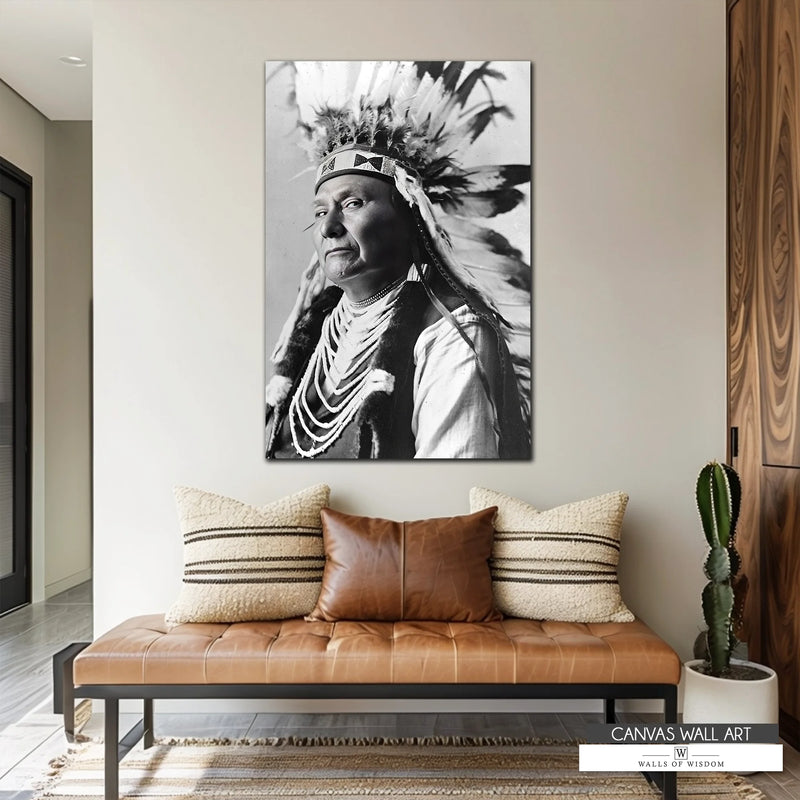 Chief Joseph black and white canvas print featuring a vintage Native American headdress portrait.