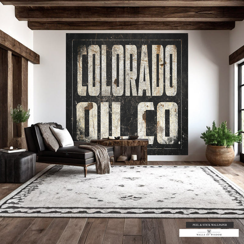 Vintage Colorado Oil Co wall mural with distressed black metal background.
