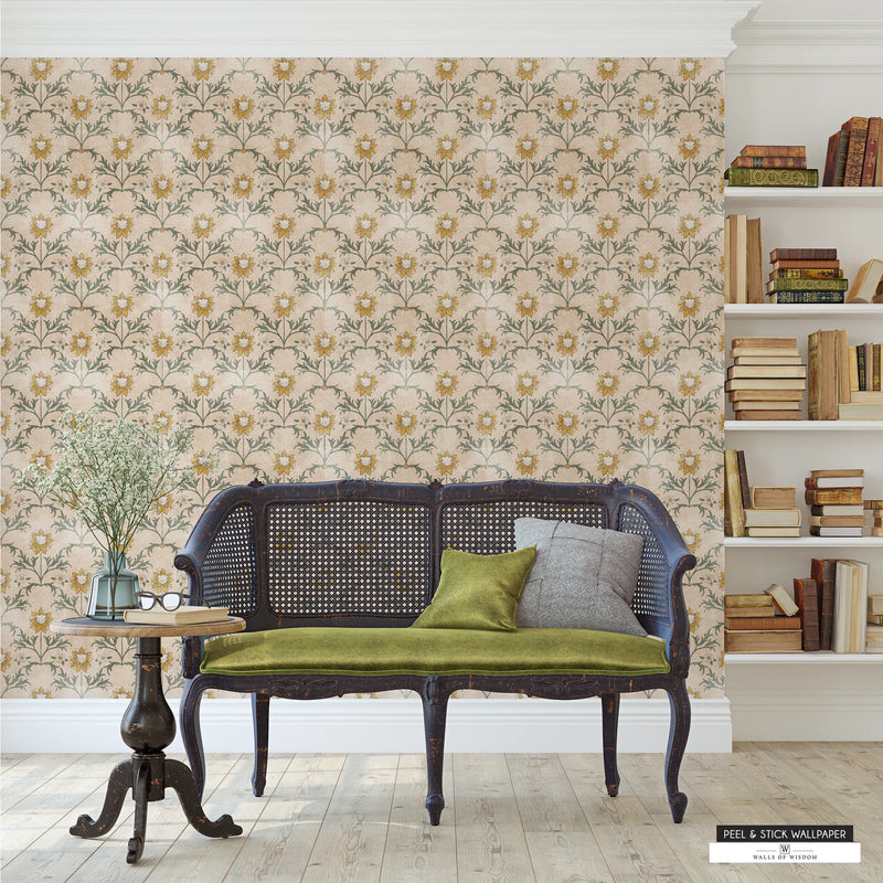 Fresh Floral Fields Yellow wallpaper featuring mustard yellow daffodils and sage green accents.