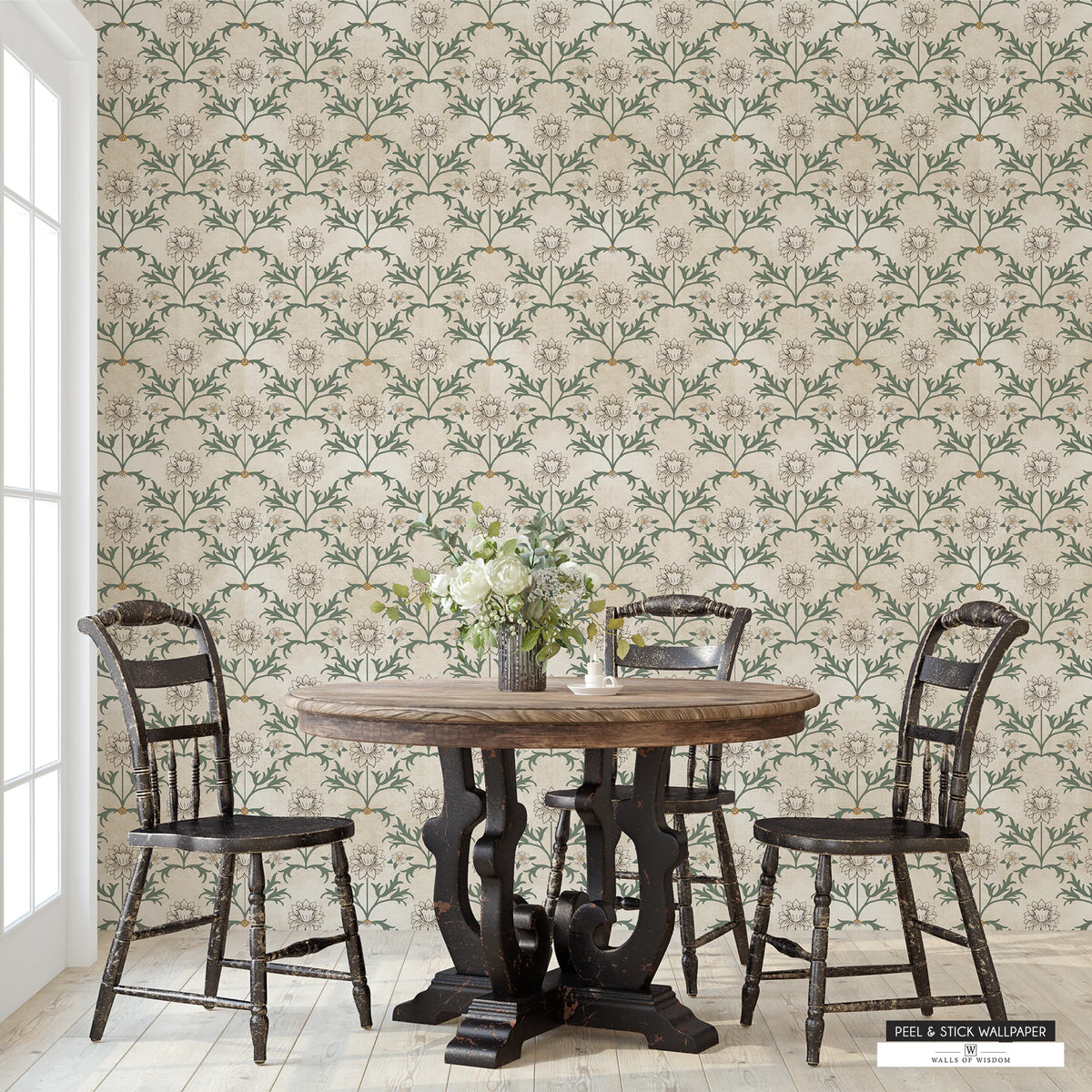 Floral block farmhouse wallpaper with distressed beige tones and fresh floral charm.