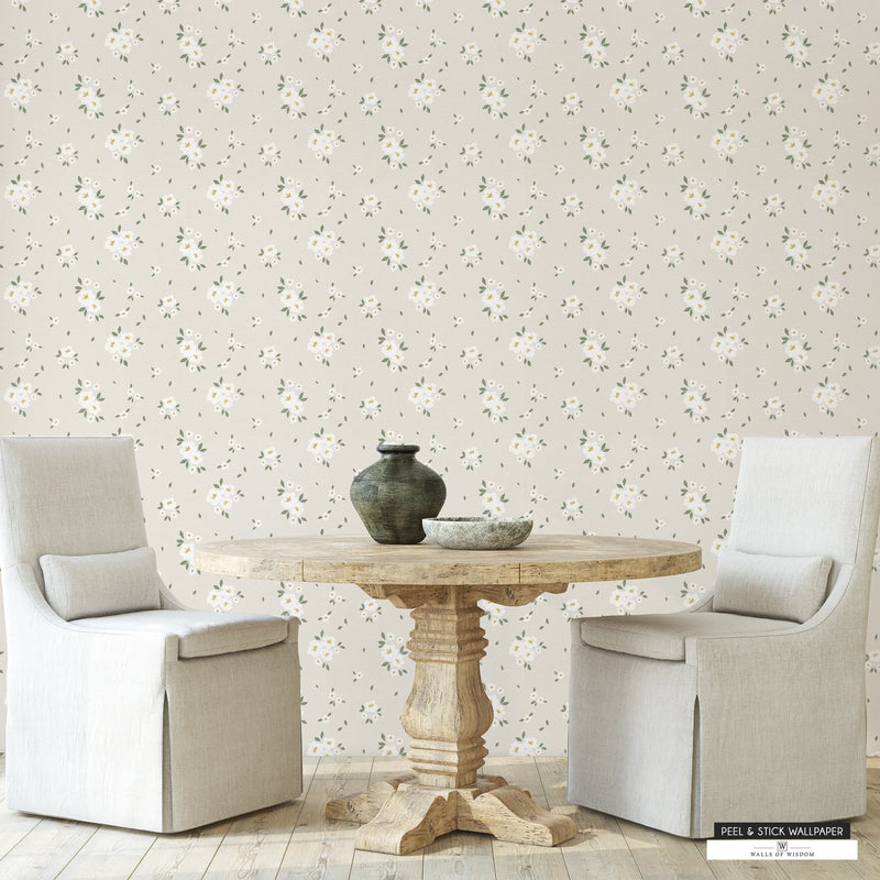 Renter-friendly floral wallpaper with a vintage-inspired daisy design for cozy decor