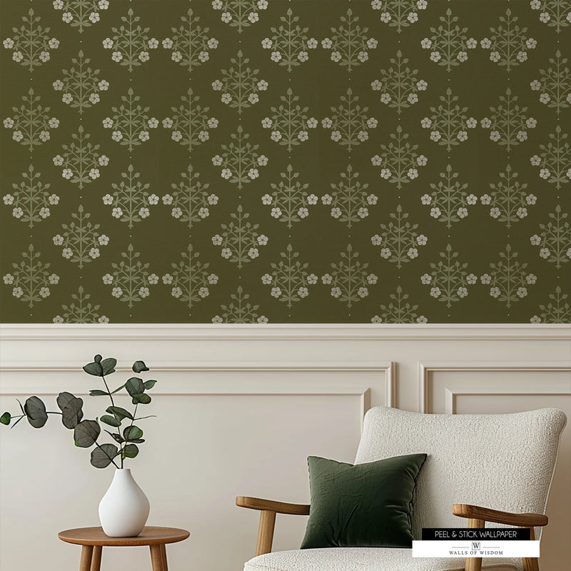 Elegant floral peelable wallpaper with a dark olive green linen texture and cottage aesthetic.