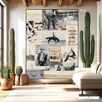 Black and white photo mural of cowboys and rodeo with quotes