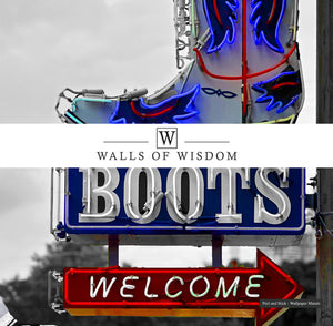 Rustic modern decor featuring a Western neon cowboy boot mural.