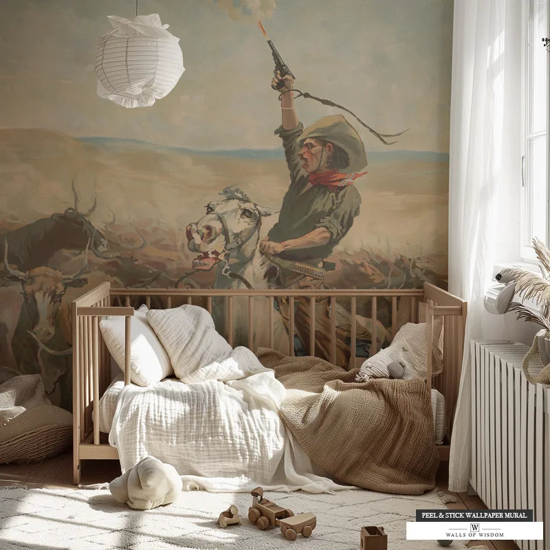 Western Nursery Cowboy and Horse Painting wallpaper mural in neutral tones. 