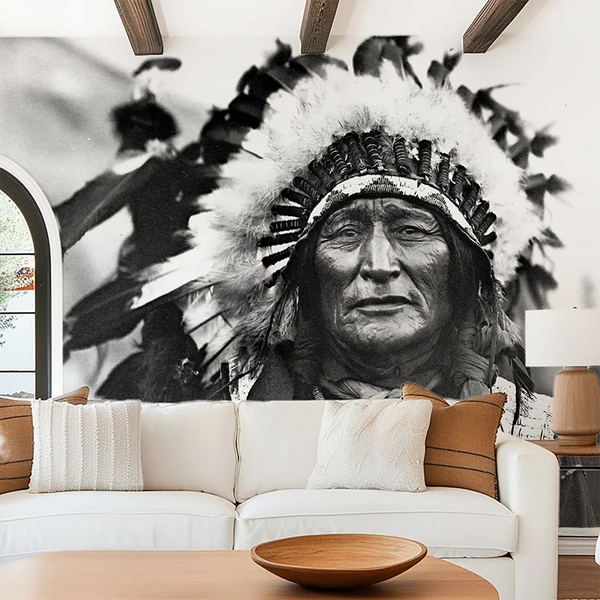 Western Decor Photo Art Mural. American Indian black and white photo wallpaper.