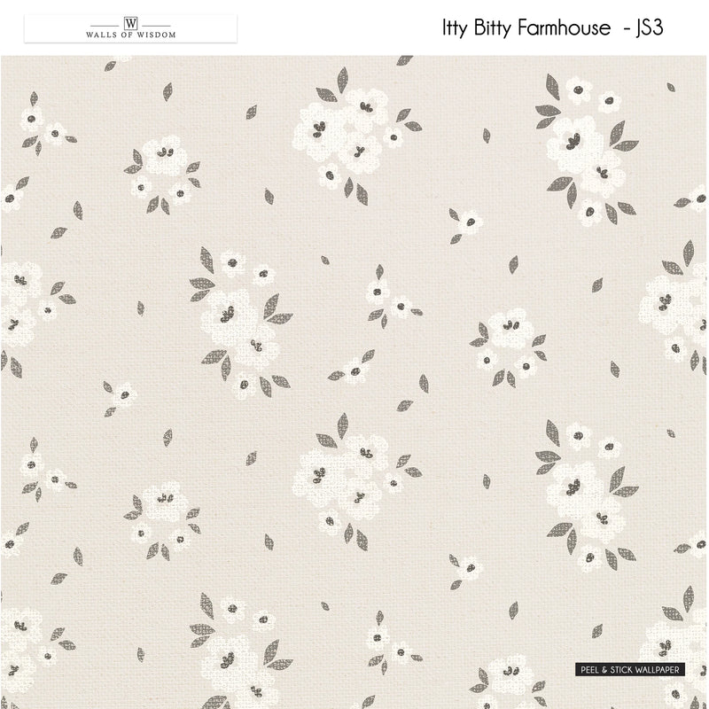 Cottage farmhouse peel and stick wallpaper featuring a simple daisy pattern in neutral colors.