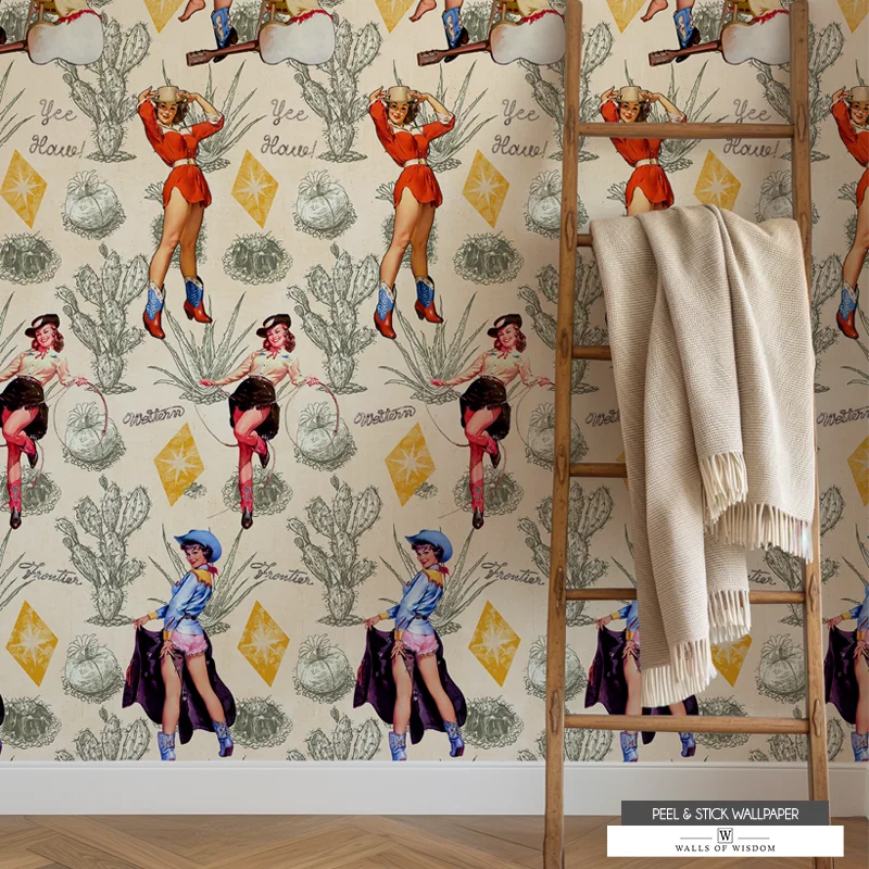 Vintage pinup cowgirl wallpaper featuring classic Western rodeo style.
