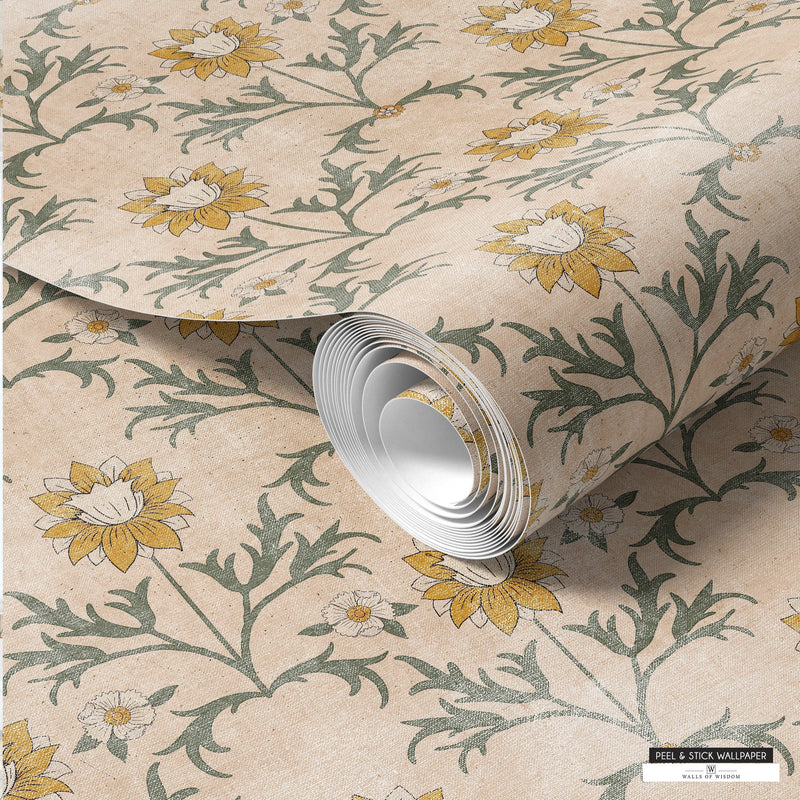 Cottage farmhouse peel and stick wallpaper with bold mustard floral patterns on a cream background.