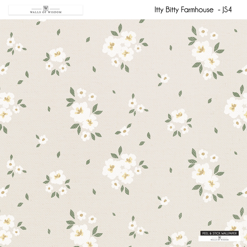 Country farmhouse wallpaper in cream with yellow and sage floral block farmhouse design.