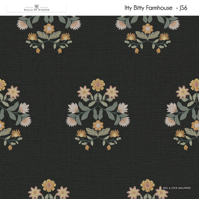 Elegant floral block wallpaper featuring a black linen-style background and vintage-inspired design.