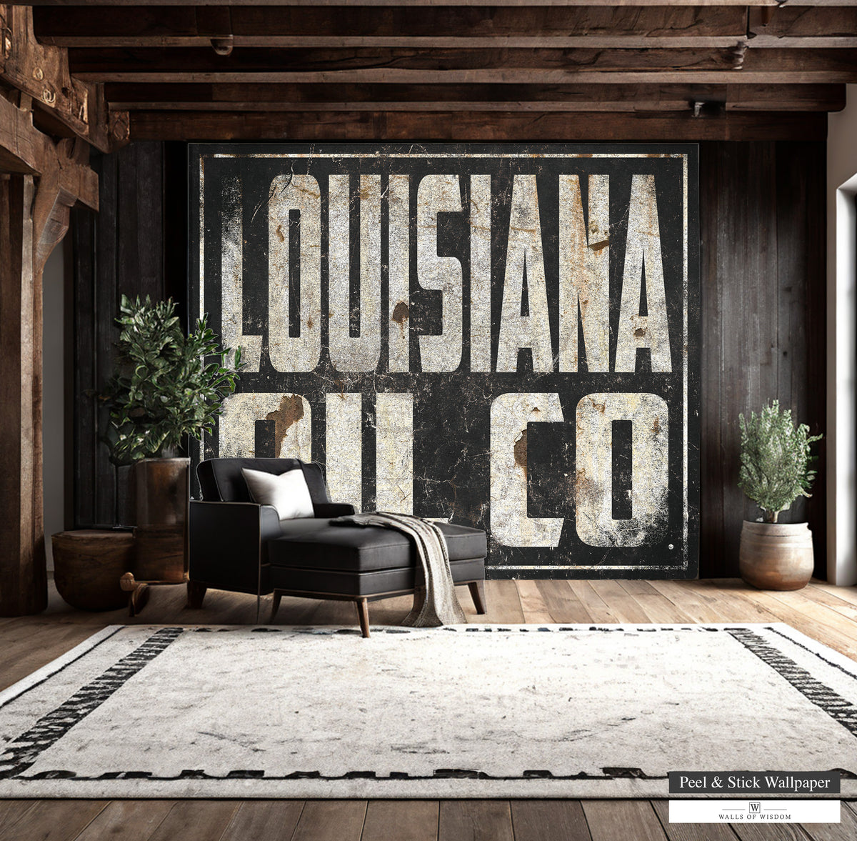 Louisiana Oil Co vintage industrial wallpaper mural featuring black metal-style background and distressed typography