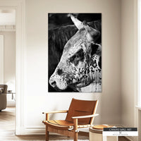 High-contrast black and white Western decor featuring a rodeo bull