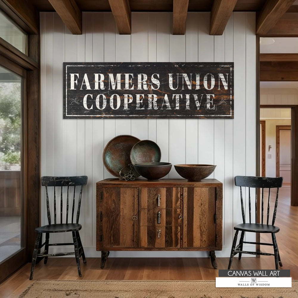 Rustic black and cream Farmers Union Cooperative canvas, blending Western charm with vintage appeal.