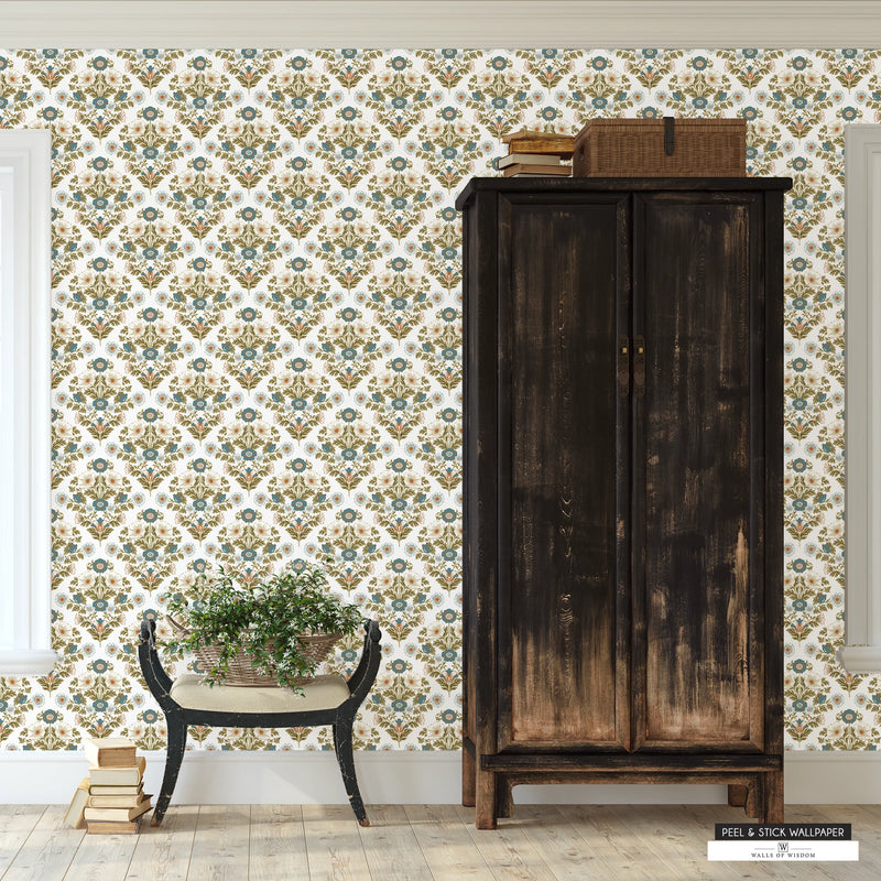 Retro cottage farmhouse peel and stick wallpaper featuring bold florals on a crisp white backdrop.