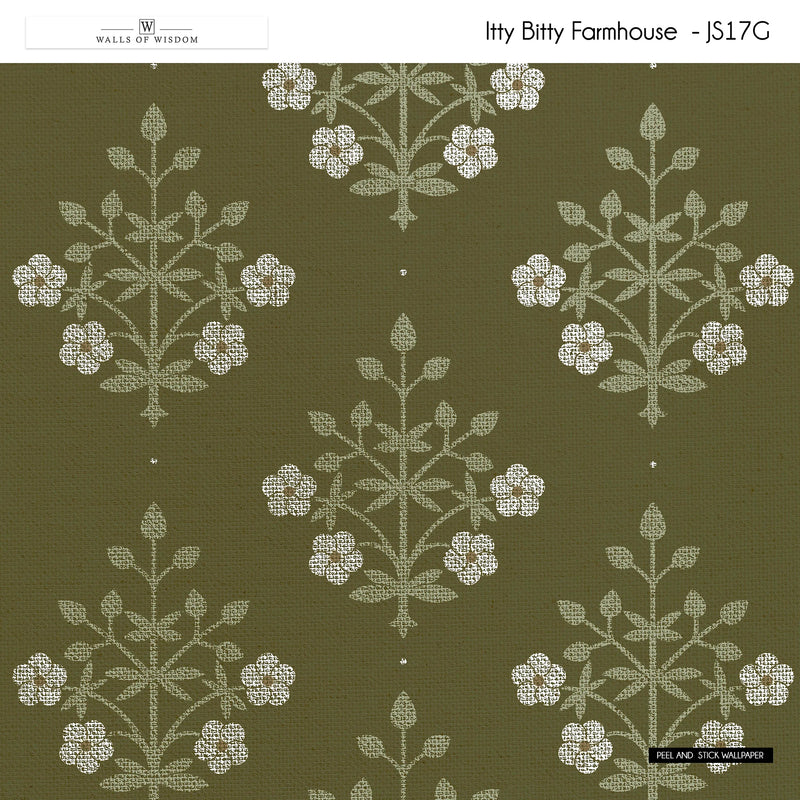 Renter-friendly wallpaper with olive green background and elegant daisy patterns in light green and white.