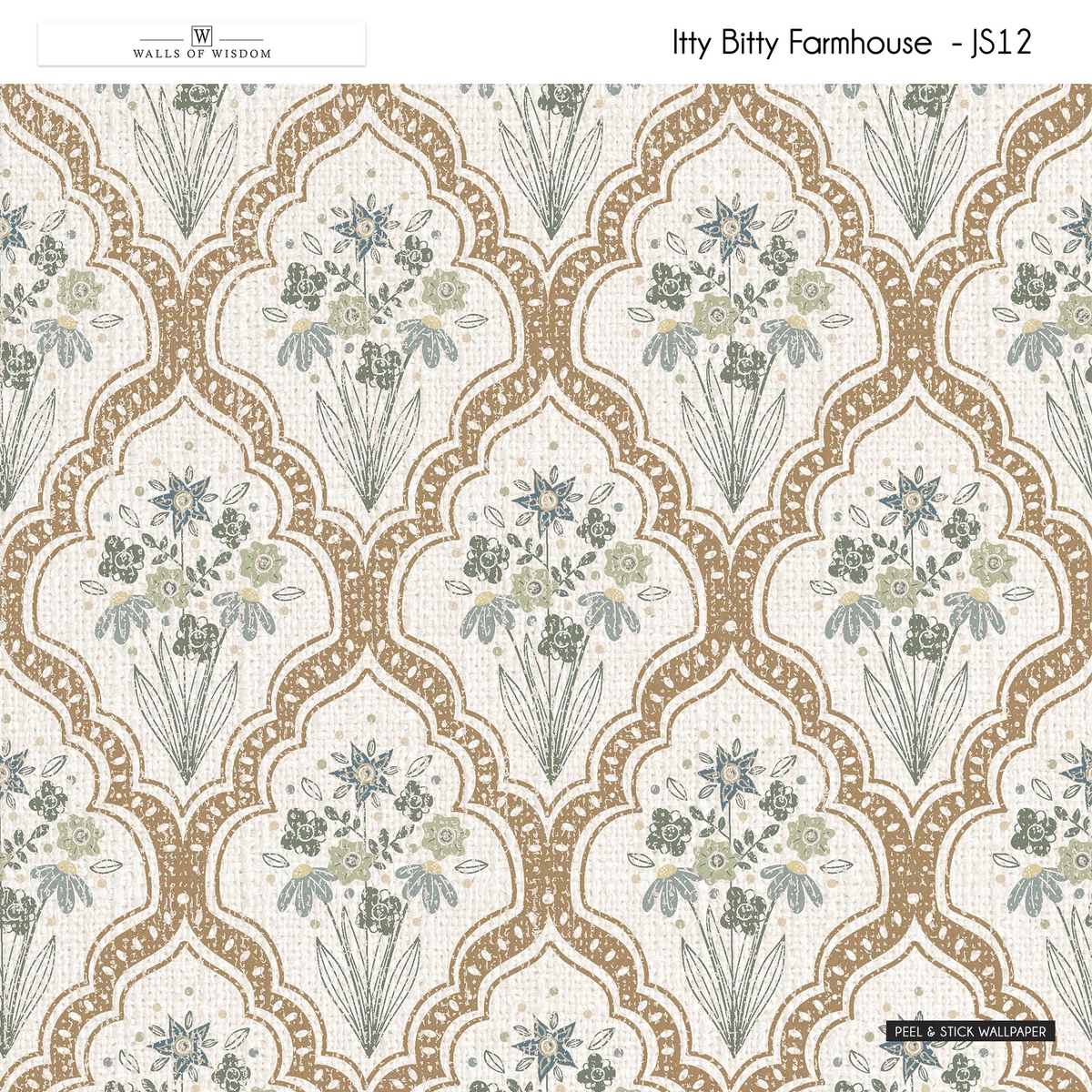 Heirloom Blooms peel and stick wallpaper with vintage lattice design in slate blue and green.