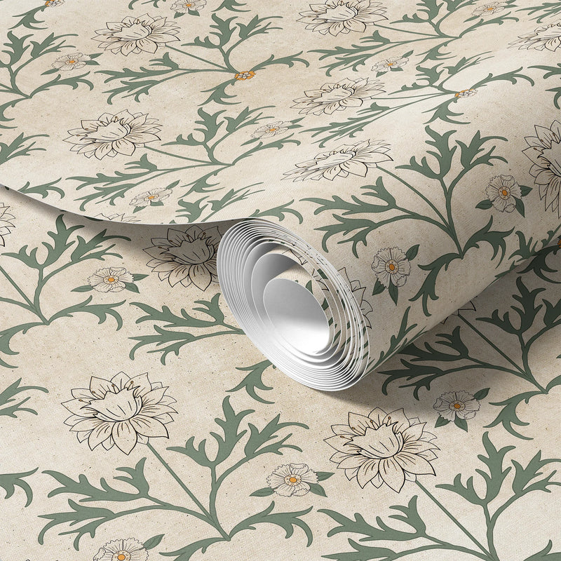 Cottage farmhouse peel and stick wallpaper with vintage-inspired floral block pattern.