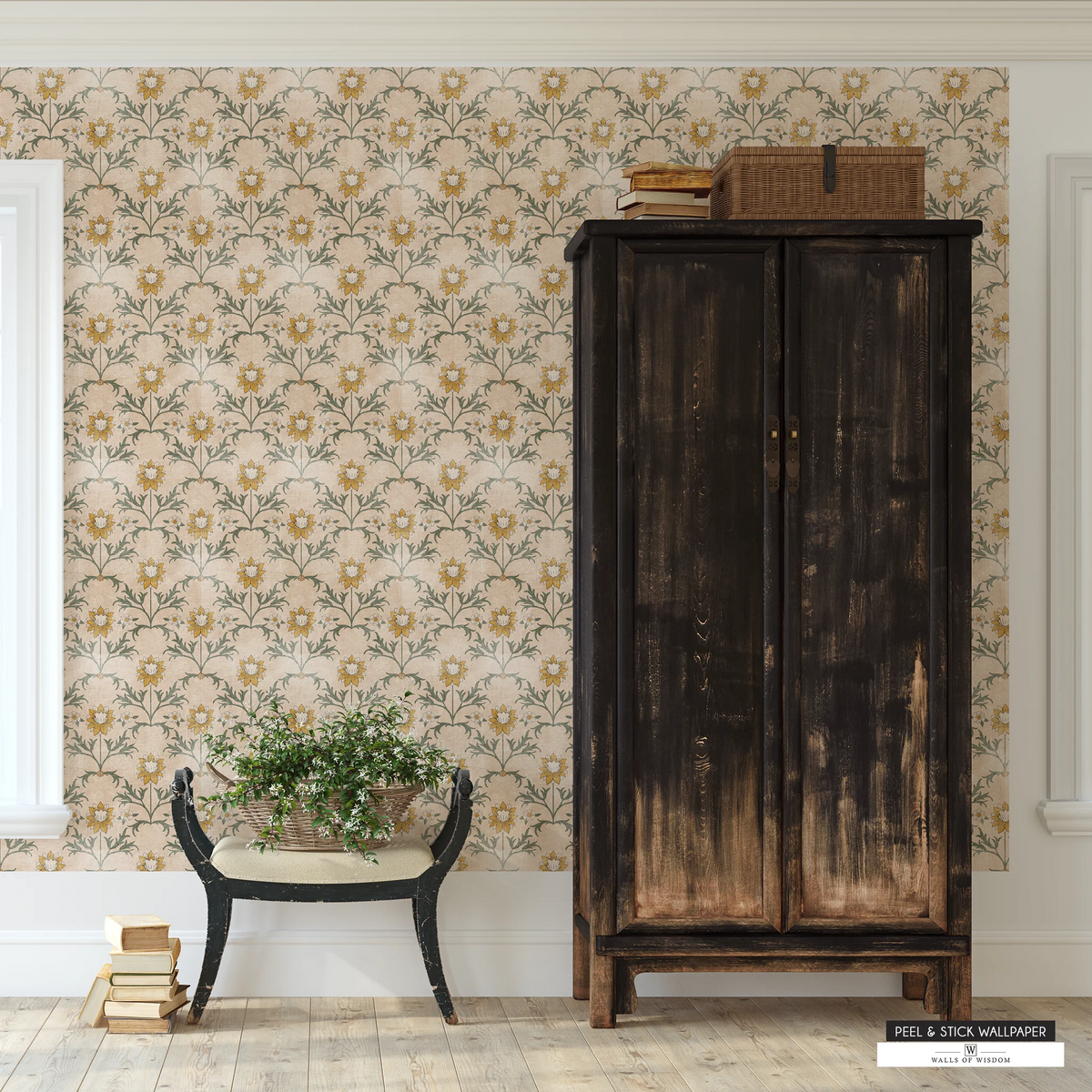 Renter-friendly wallpaper featuring vintage-inspired daffodils in mustard yellow and sage tones.