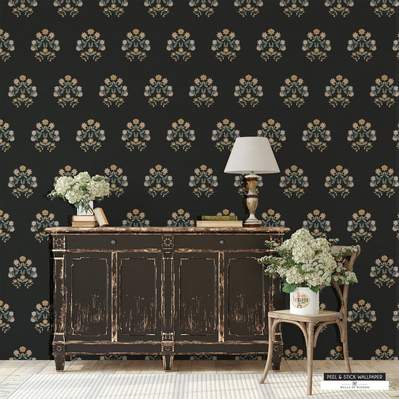 Cottage farmhouse wallpaper in black with soft floral block patterns and muted tones.