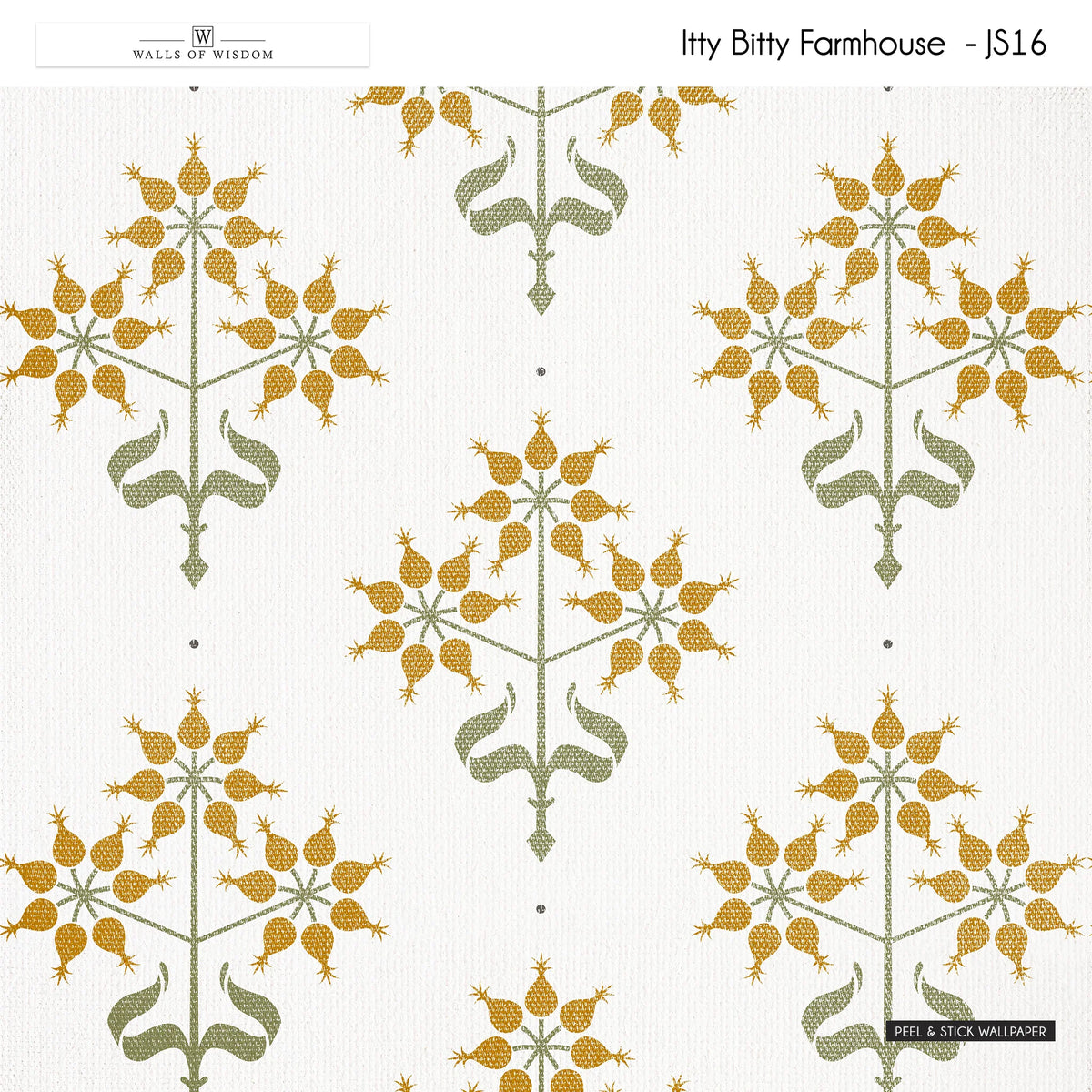 Cottage farmhouse peel and stick wallpaper featuring floral block patterns in mustard and sage tones.