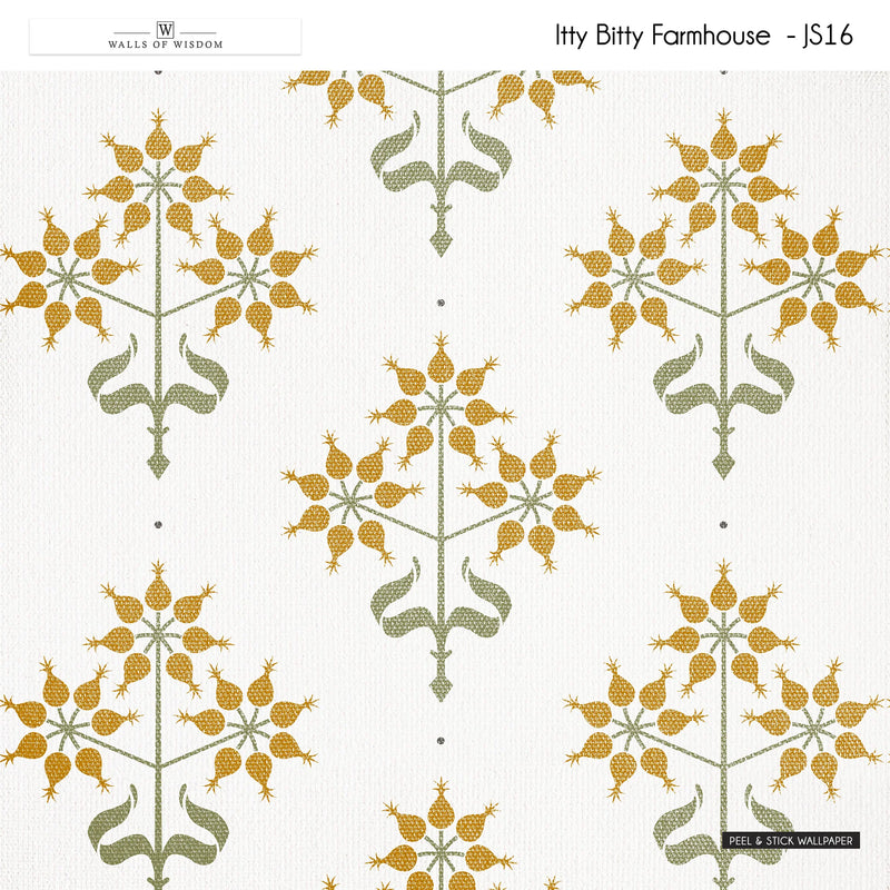 Cottage farmhouse peel and stick wallpaper featuring floral block patterns in mustard and sage tones.