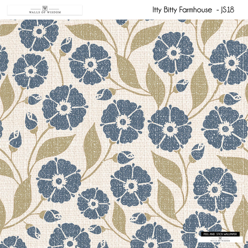 Maximalist floral peel and stick wallpaper with vibrant blue daisies and beige leaves.