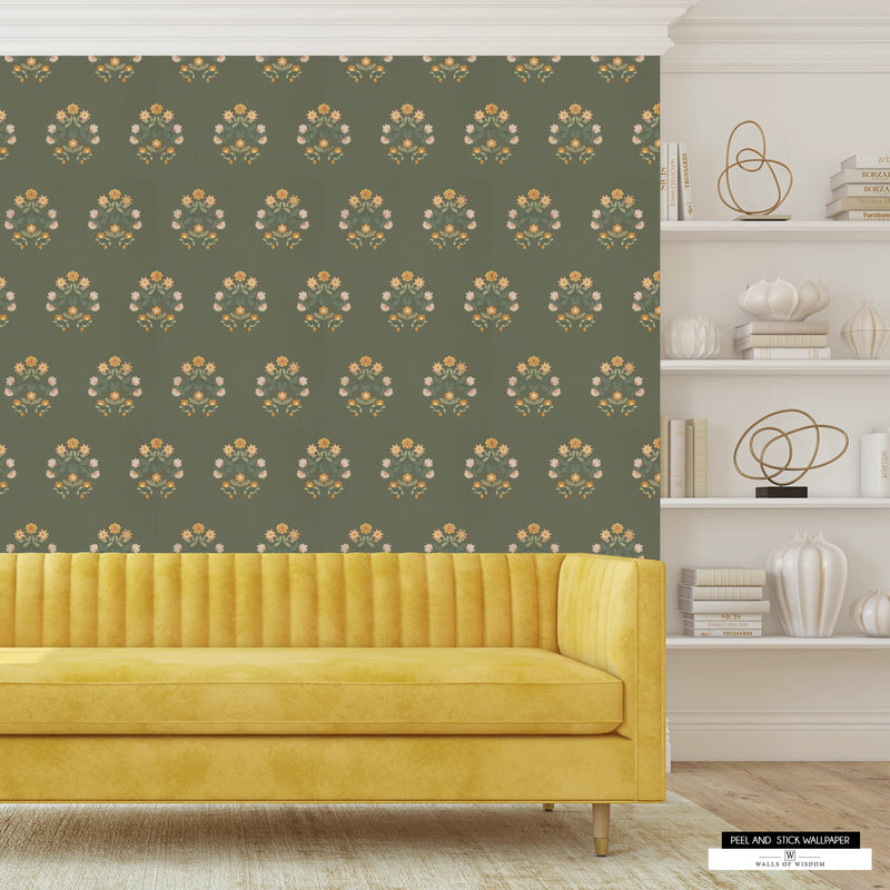 Cottage core floral wallpaper in muted green, yellow, and orange, perfect for kitchens or living spaces.