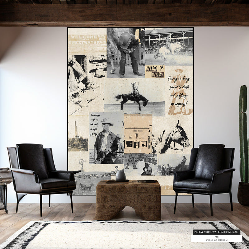 Inspirational cowboy quotes on a black and white photo mural