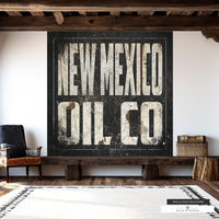 Large rustic wall art sign celebrating New Mexico's oil industry history.