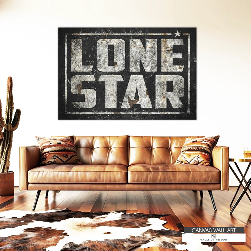 Lone Star Texas canvas print featuring a vintage Western sign design in black and white, perfect for rustic decor.